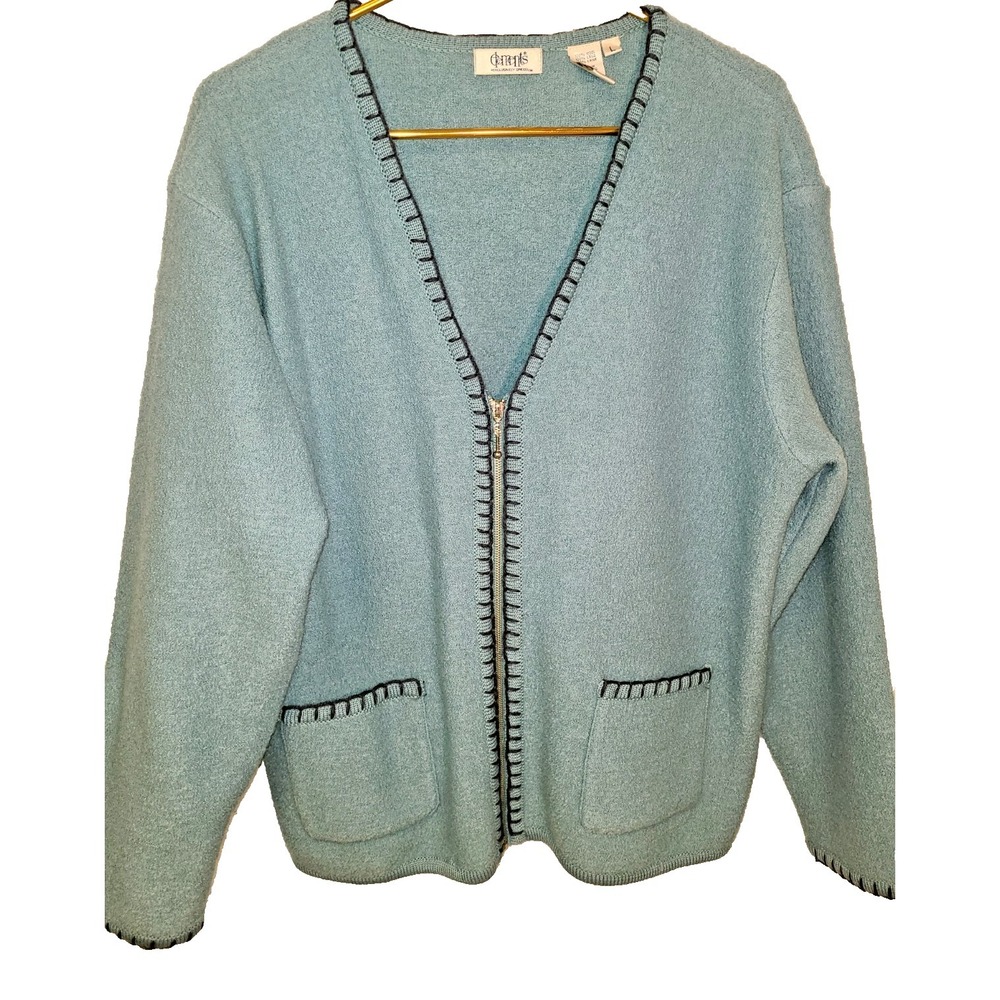 Classic Elements 100% wool cardigan sweater Large Cottagecore Barn Country Blue